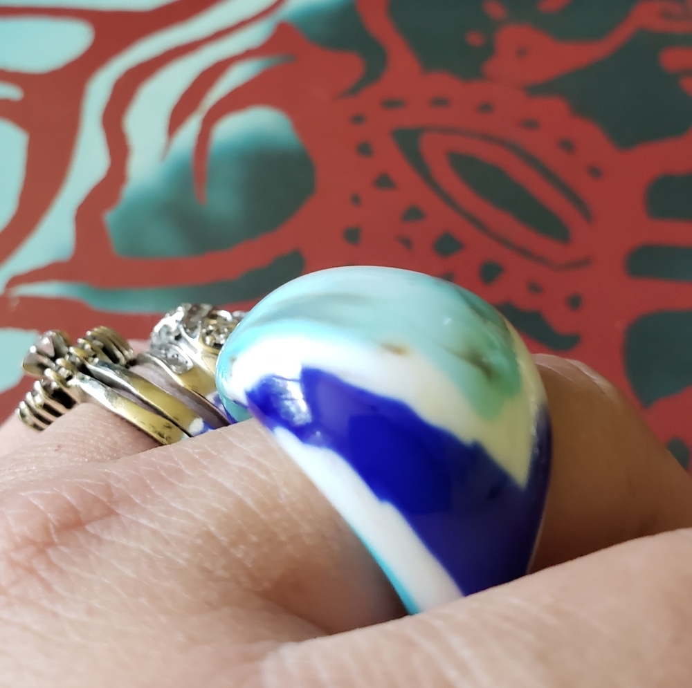 Vintage Ring Chunky Marbled Glass Retro Bl…